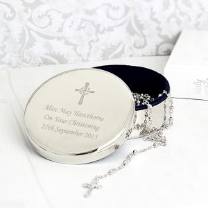 Personalised Rosary Beads & Cross Round Trinket Box