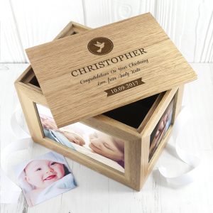 Personalised Christening Dove Midi Oak Photo Cube & Keepsake Box