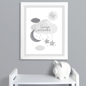 Personalised New Baby Moon & Stars White Framed Nursery Print