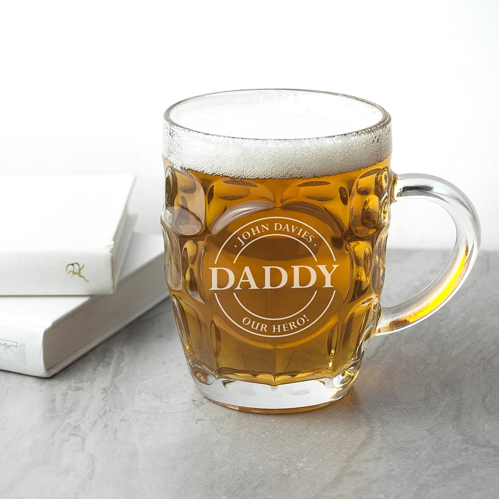 Personalised Engraved Pint Beer Glass Dimpled Tankard Fathers Day Birthday Gift 