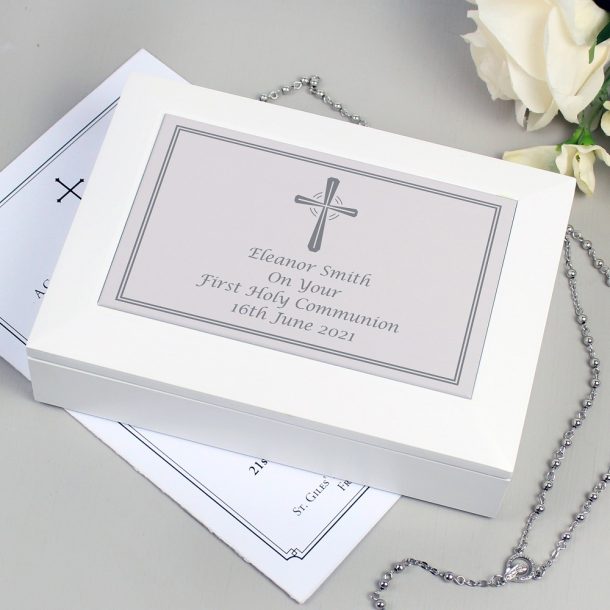 Personalised Silver Cross White Wooden Keepsake Box