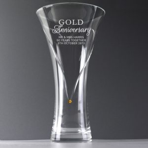 Personalised Gold Anniversary Large Hand Cut Diamante Heart Vase with Swarovski Elements