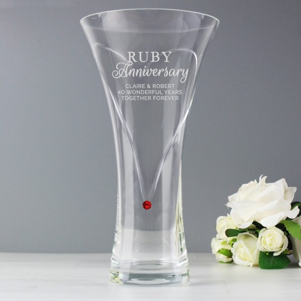 Personalised Ruby Anniversary Large Hand Cut Diamante Heart Vase with Swarovski Elements