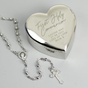 Personalised First Holy Communion Rosary Beads & Heart Trinket Box