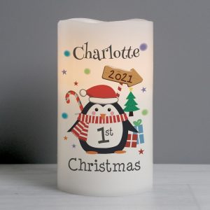 Personalised 1st Christmas Penguin LED Candle