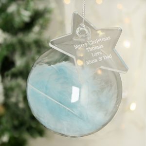 Personalised Free Text Blue Feather Glass Bauble With Star Tag