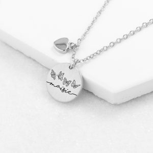 Personalised Silver Butterfly Row Matte Heart & Disc Necklace