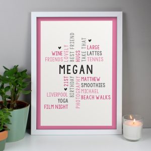 Personalised A3 Pink Word Art White Framed Print