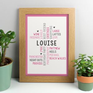Personalised A4 Pink Word Art Oak Framed Print