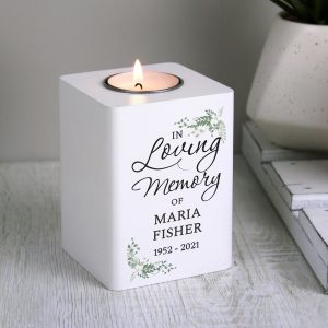 Personalised In Loving Memory White Wooden Tea light Holder