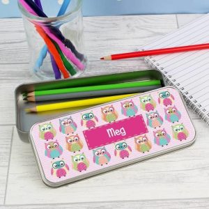 Personalised Owl Tin with Pencil Crayons